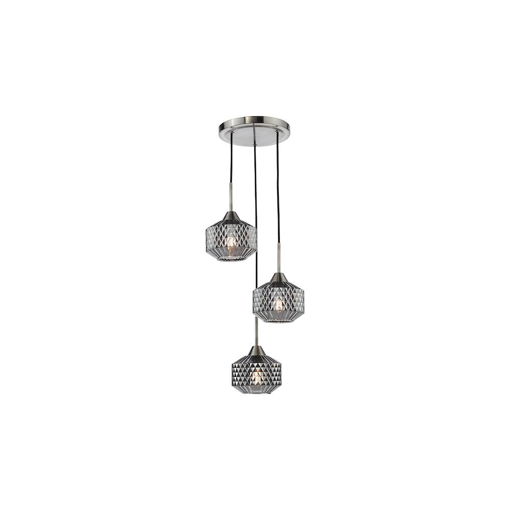 FAB0338 Fabrienne 3 Light Cluster Pendant Satin Nickel and Smoked Glass