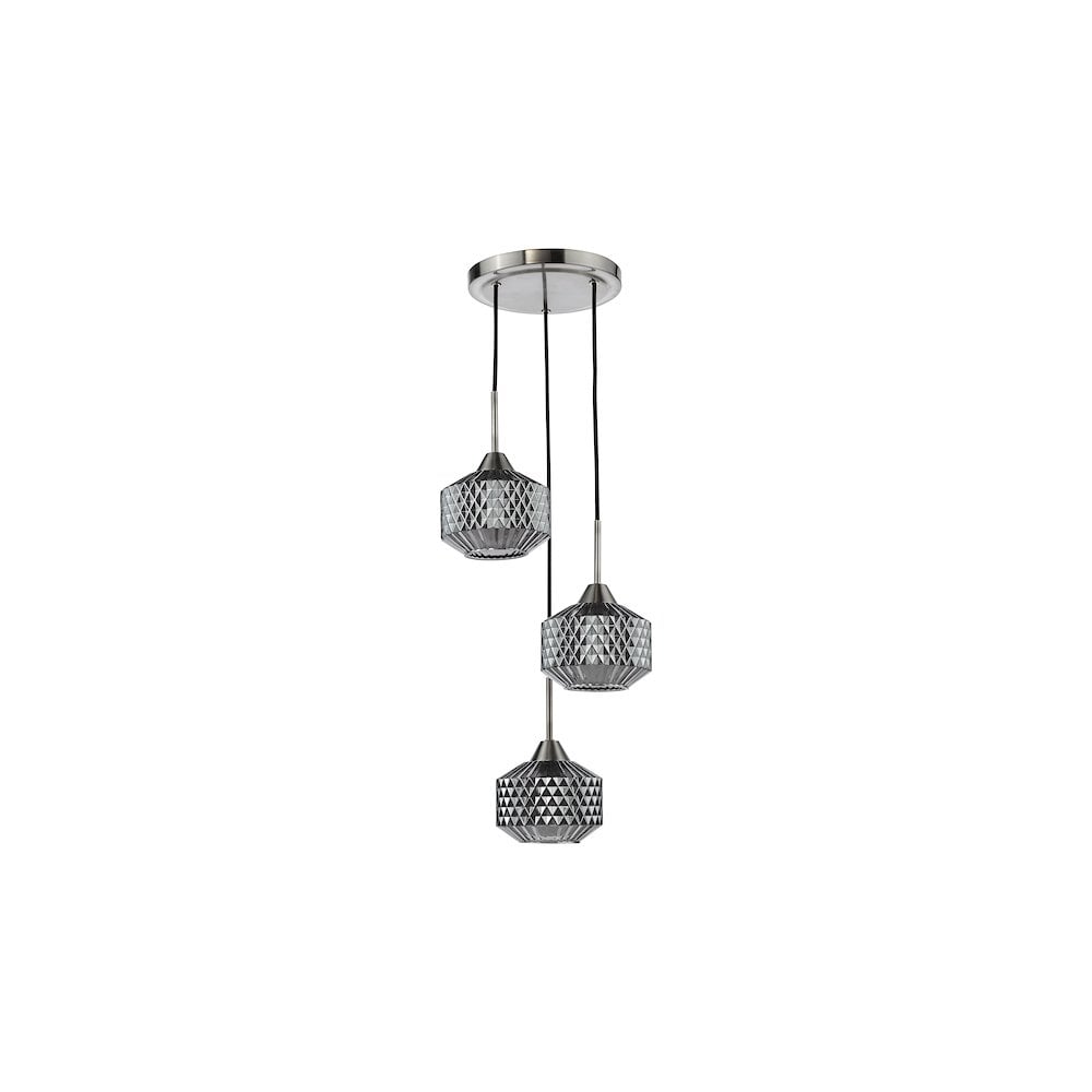 FAB0338 Fabrienne 3 Light Cluster Pendant Satin Nickel and Smoked Glass