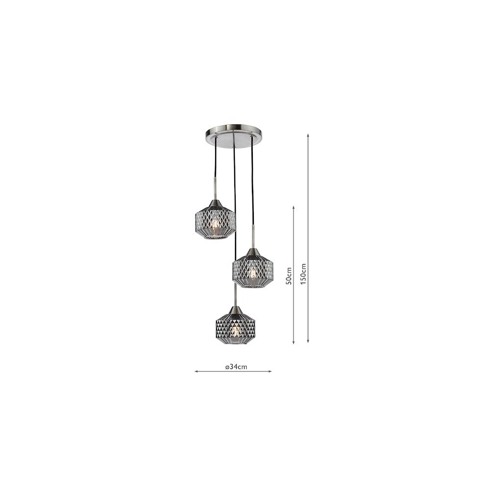 FAB0338 Fabrienne 3 Light Cluster Pendant Satin Nickel and Smoked Glass