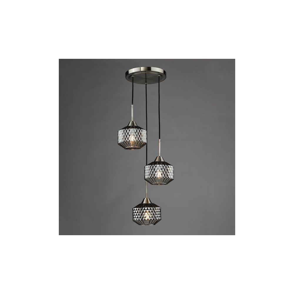 FAB0338 Fabrienne 3 Light Cluster Pendant Satin Nickel and Smoked Glass