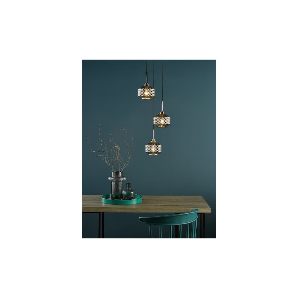 FAB0338 Fabrienne 3 Light Cluster Pendant Satin Nickel and Smoked Glass
