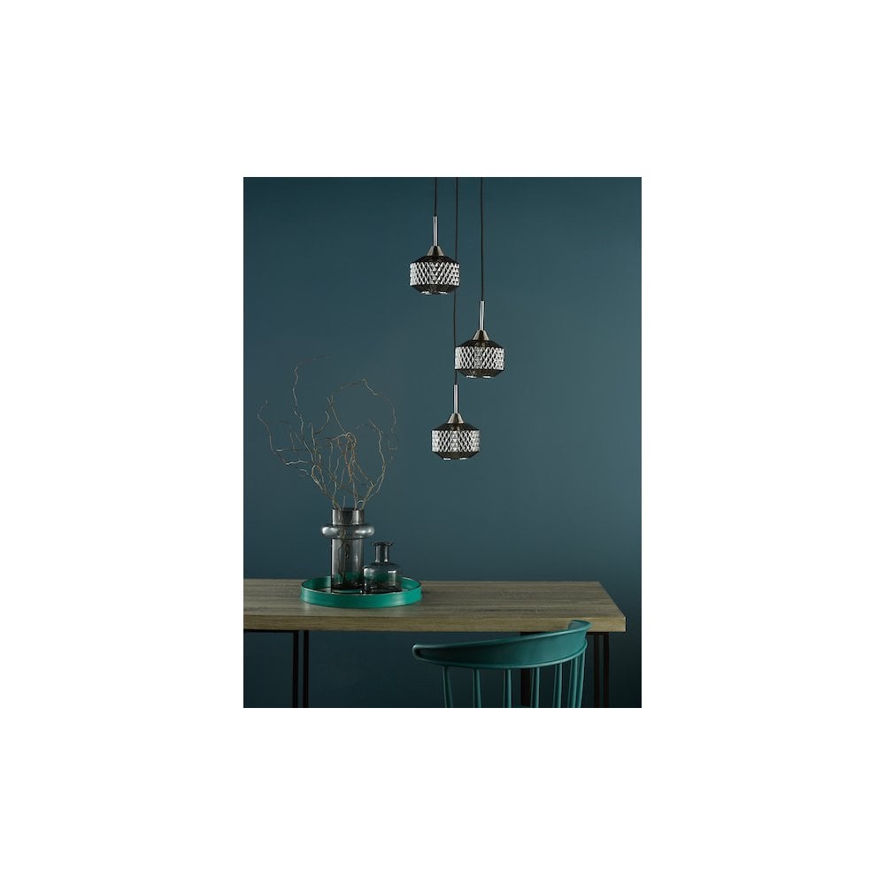 FAB0338 Fabrienne 3 Light Cluster Pendant Satin Nickel and Smoked Glass