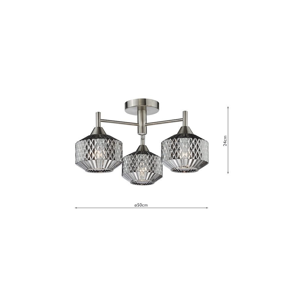 FAB5338 Fabrienne 3 Light Semi-Flush Satin Nickel and Smoked Glass