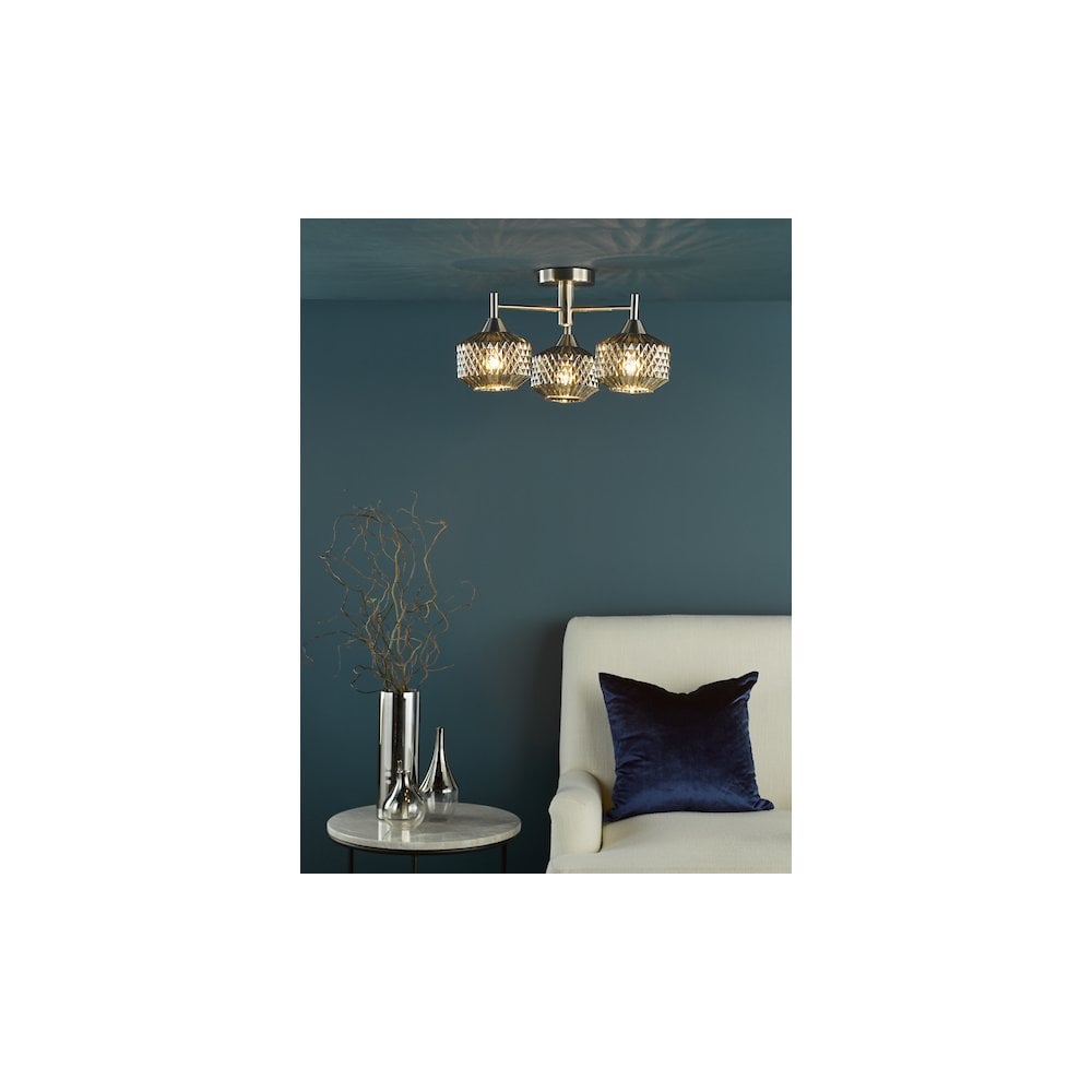 FAB5338 Fabrienne 3 Light Semi-Flush Satin Nickel and Smoked Glass