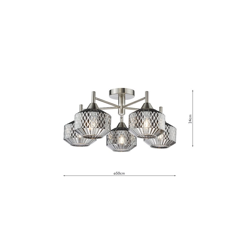 FAB5438 Fabrienne 5 Light Semi-Flush Satin Nickel and Smoked Glass