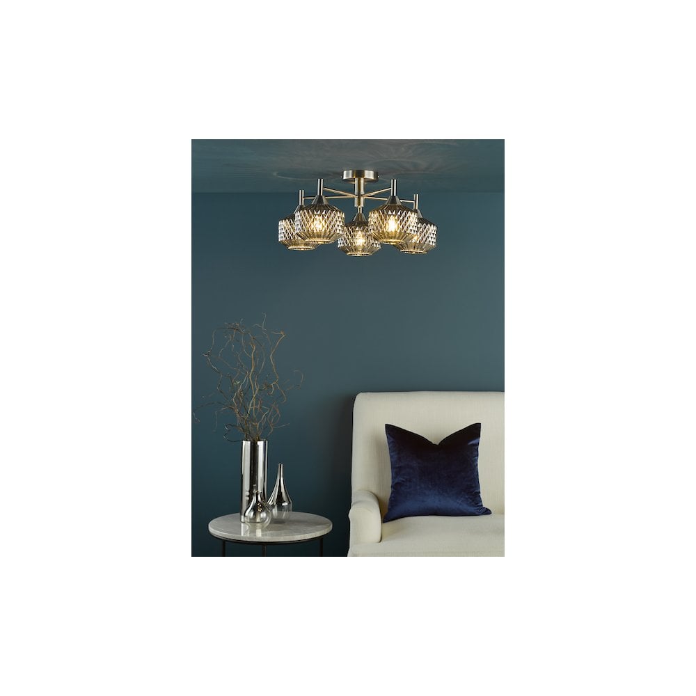 FAB5438 Fabrienne 5 Light Semi-Flush Satin Nickel and Smoked Glass