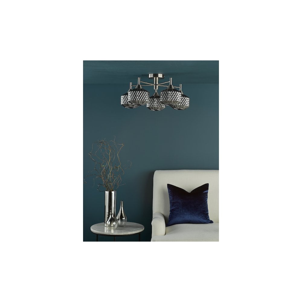 FAB5438 Fabrienne 5 Light Semi-Flush Satin Nickel and Smoked Glass