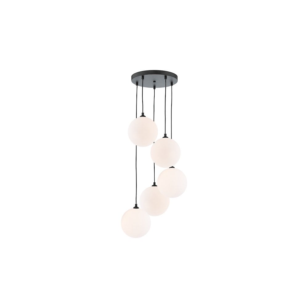 FED0522-23 Federico 5 Light Cluster Pendant Matt Black and Large Opal Glass