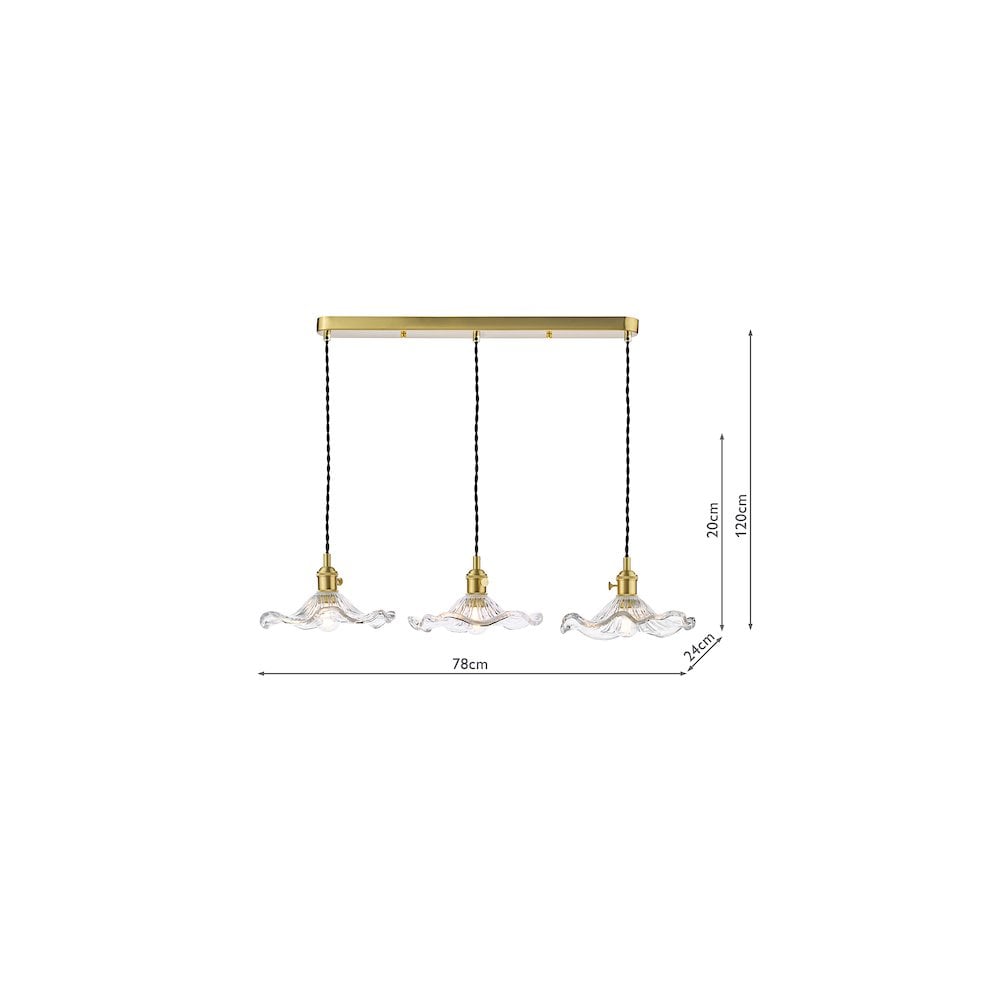 HAD3640-12 Hadano 3 Light Bar Pendant Natural Brass and Wavy Glass
