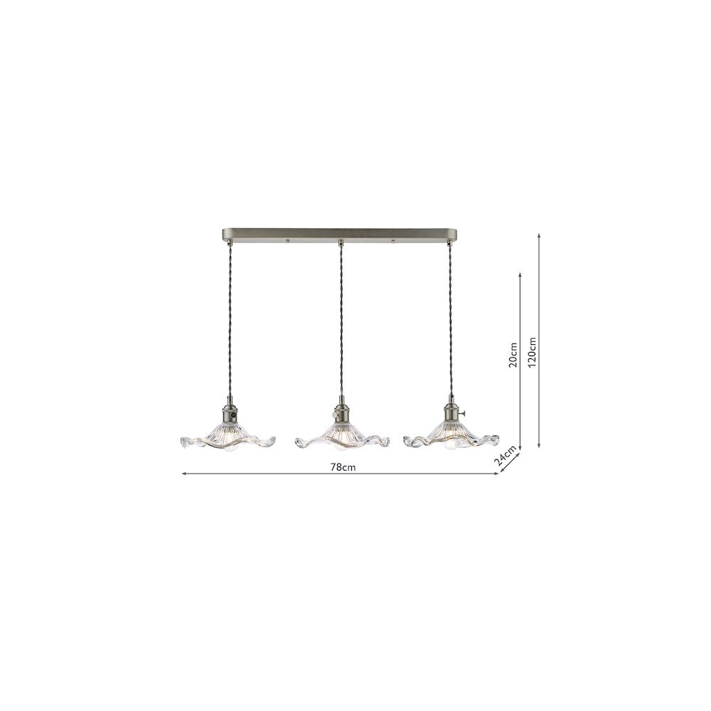 HAD3661-12 Hadano 3 Light Bar Pendant Antique Chrome and Wavy Glass