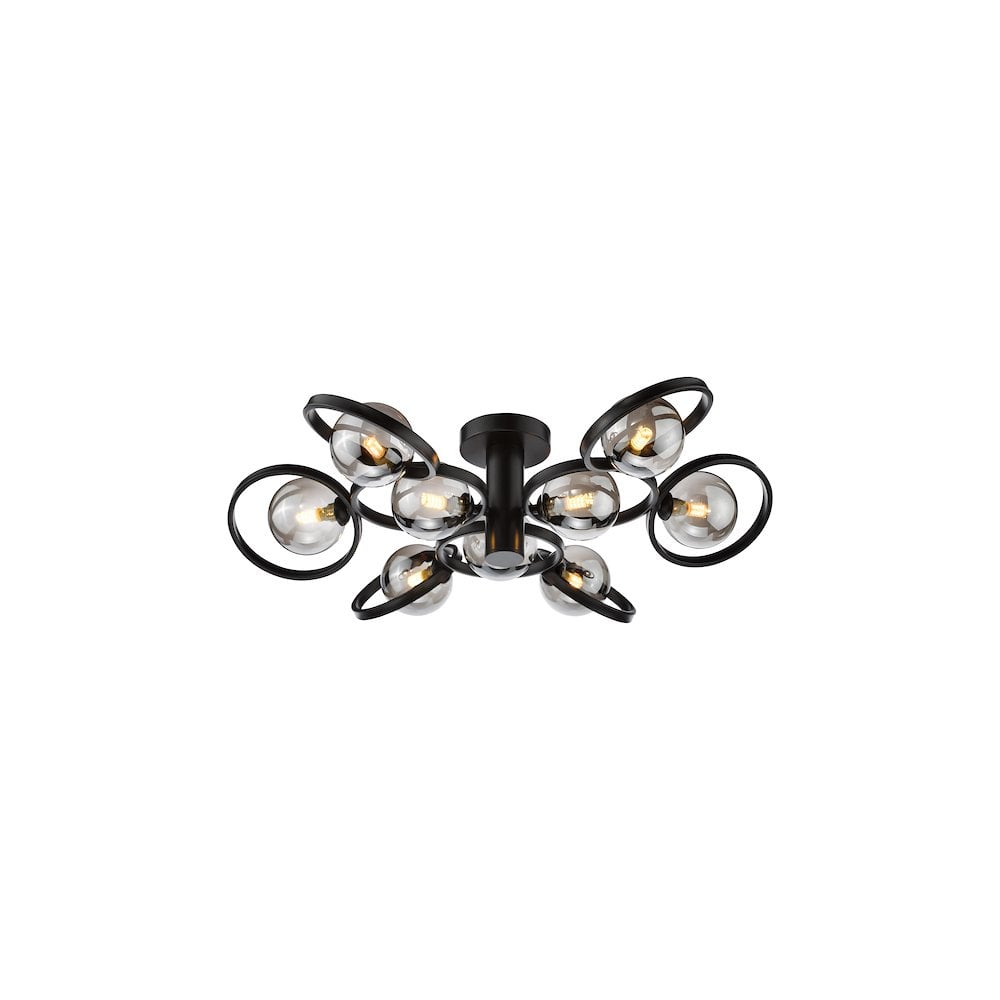 LYN4822-01 Lynette 9 Light Semi-Flush Satin Black and Smoked Glass