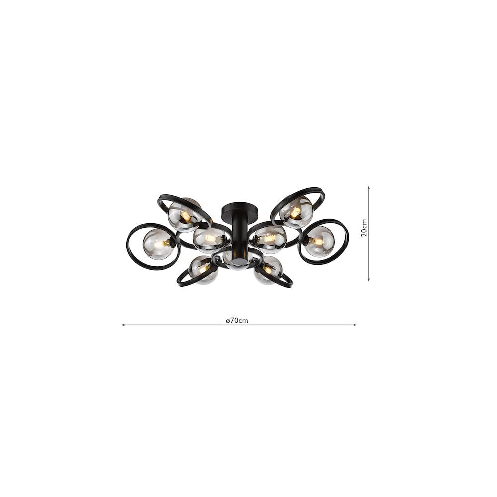 LYN4822-01 Lynette 9 Light Semi-Flush Satin Black and Smoked Glass