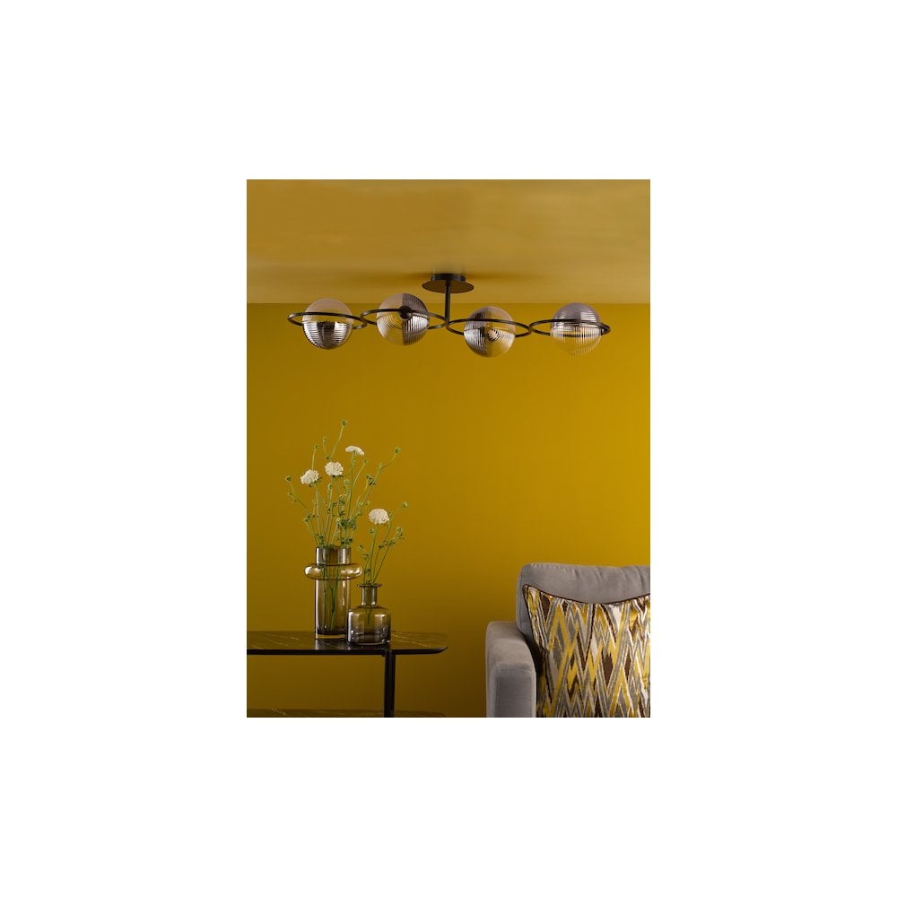 OLY0422-19 Olympus 4 Light Semi-Flush Matt Black and Smoked/Clear Ribbed Glass