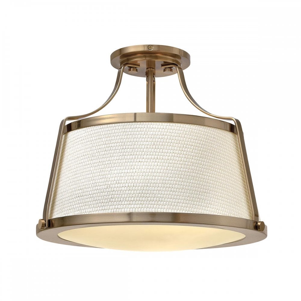 HK-CHARLOTTE-SF-BC Charlotte 3 Light Ceiling Semi-Flush Brushed Caramel, Linen Shade