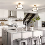 HK-CHARLOTTE-SF-BC Charlotte 3 Light Ceiling Semi-Flush Brushed Caramel, Linen Shade