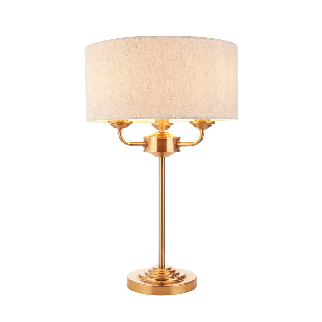 110721 Highclere 3 Light Table Lamp Vintage Brass & Natural Linen Shade