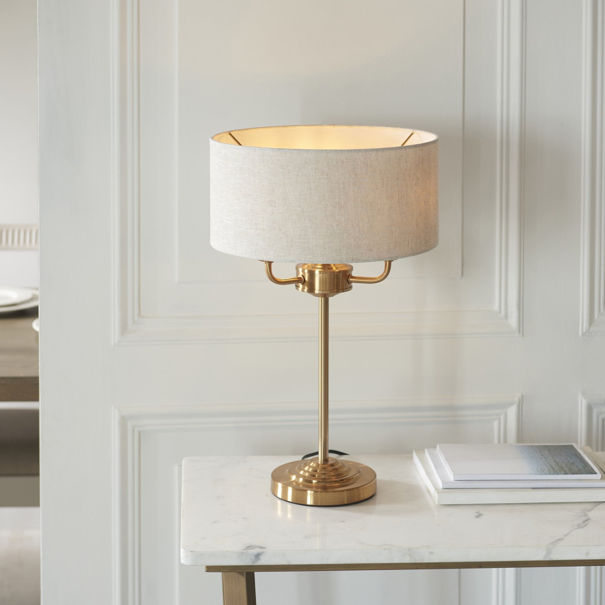 110721 Highclere 3 Light Table Lamp Vintage Brass & Natural Linen Shade