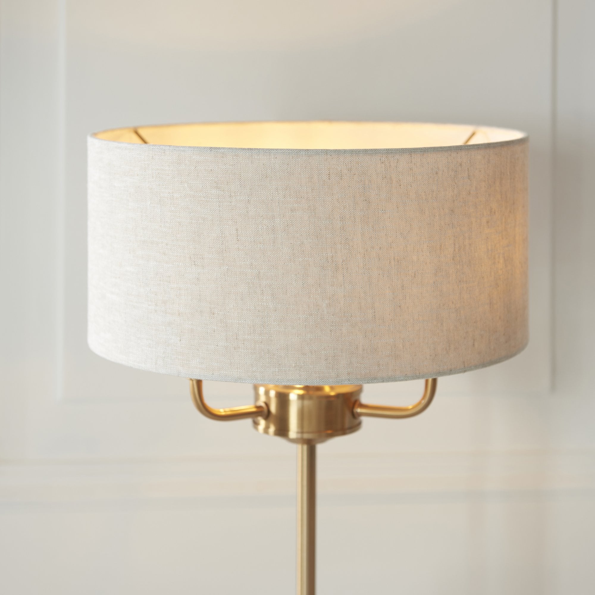 110721 Highclere 3 Light Table Lamp Vintage Brass & Natural Linen Shade