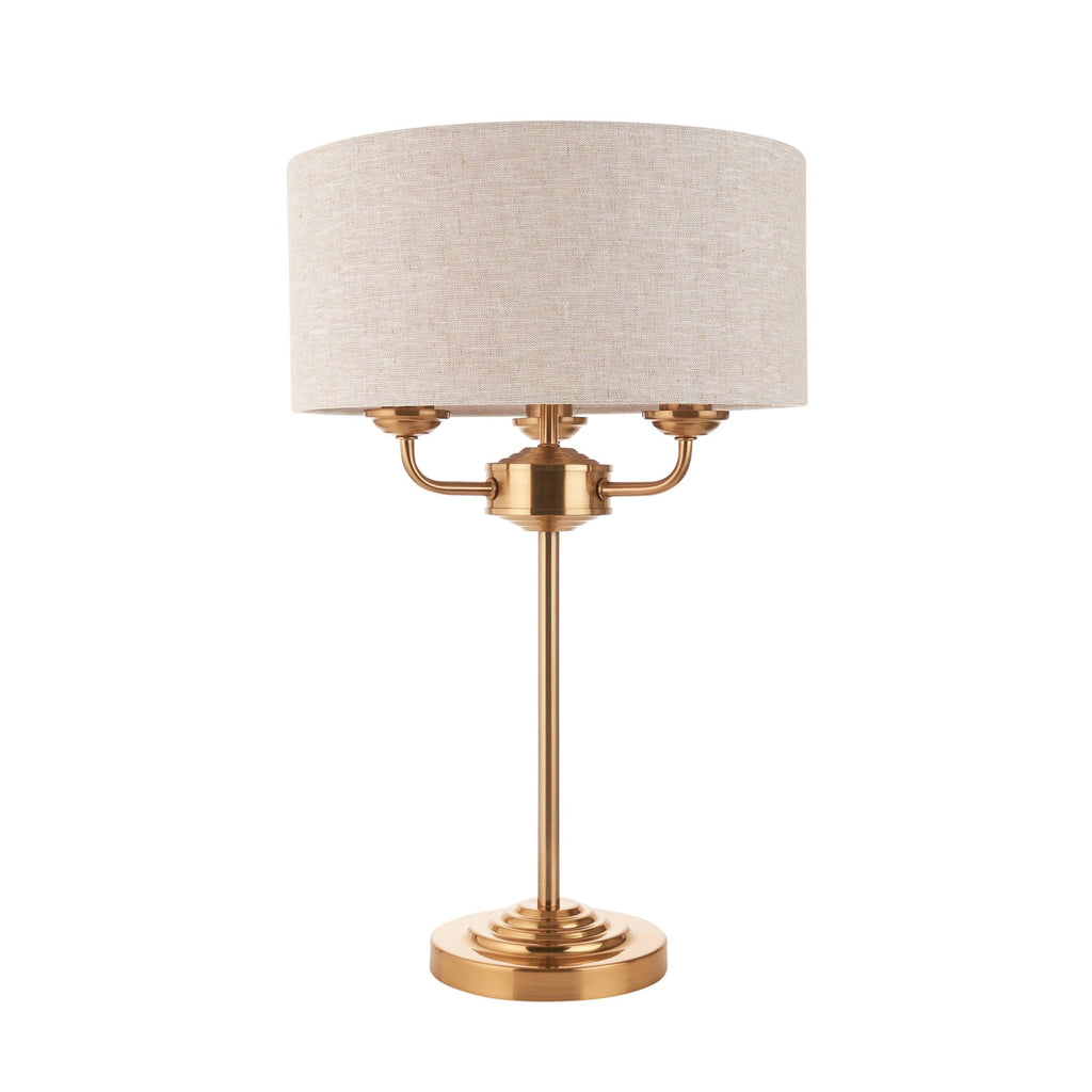 110721 Highclere 3 Light Table Lamp Vintage Brass & Natural Linen Shade