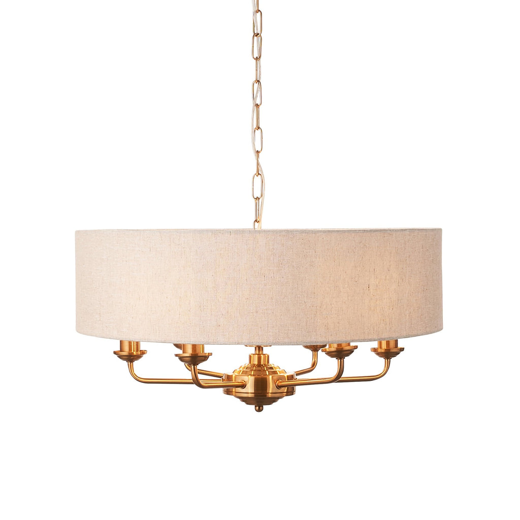 110722 Highclere 6 Light Pendant Vintage Brass & Natural Linen Shade