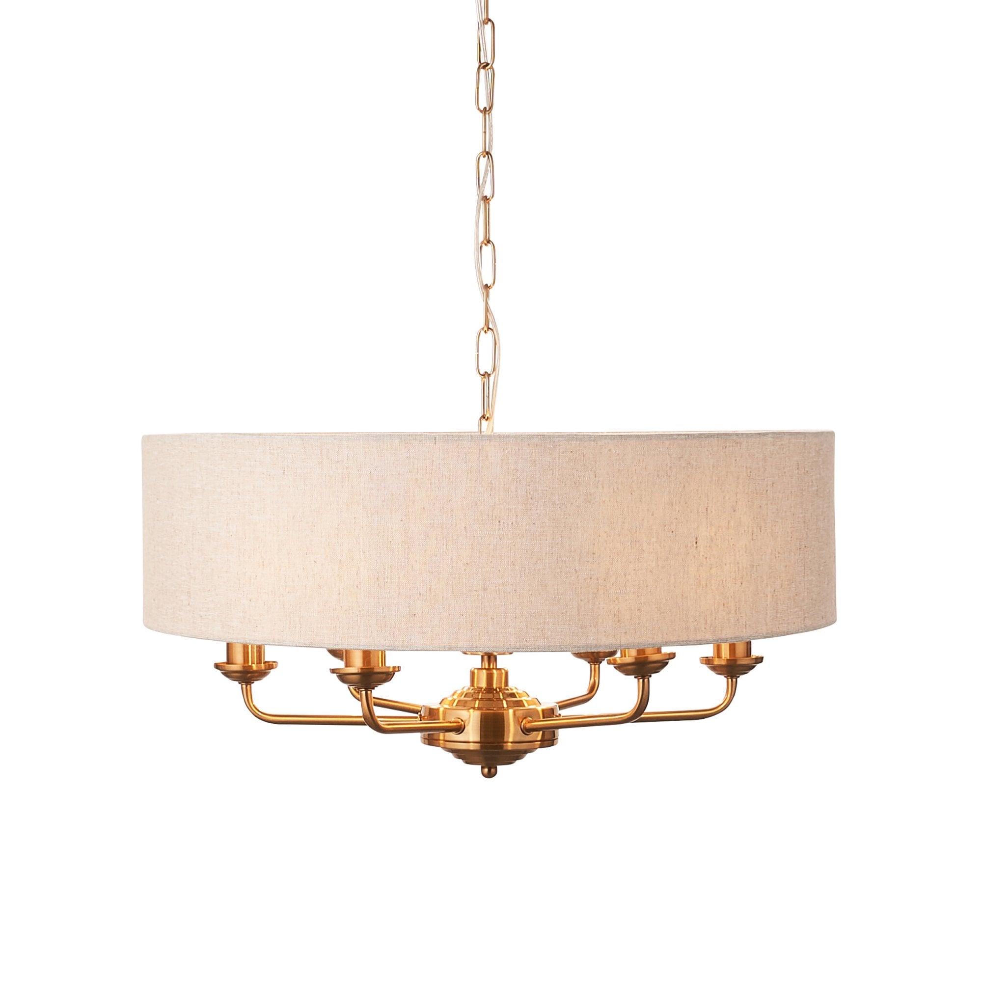 110722 Highclere 6 Light Pendant Vintage Brass & Natural Linen Shade