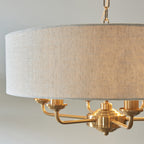 110722 Highclere 6 Light Pendant Vintage Brass & Natural Linen Shade