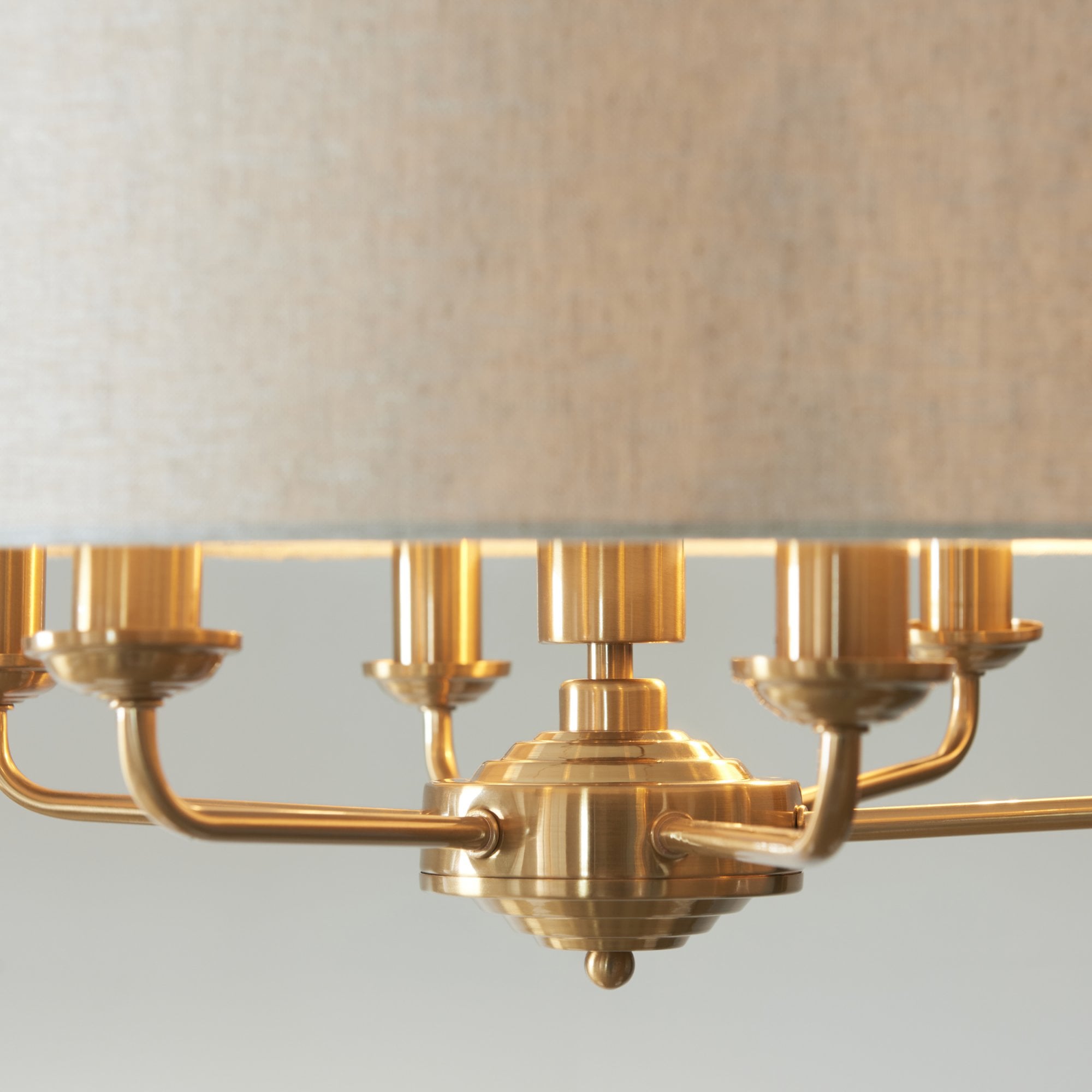 110722 Highclere 6 Light Pendant Vintage Brass & Natural Linen Shade