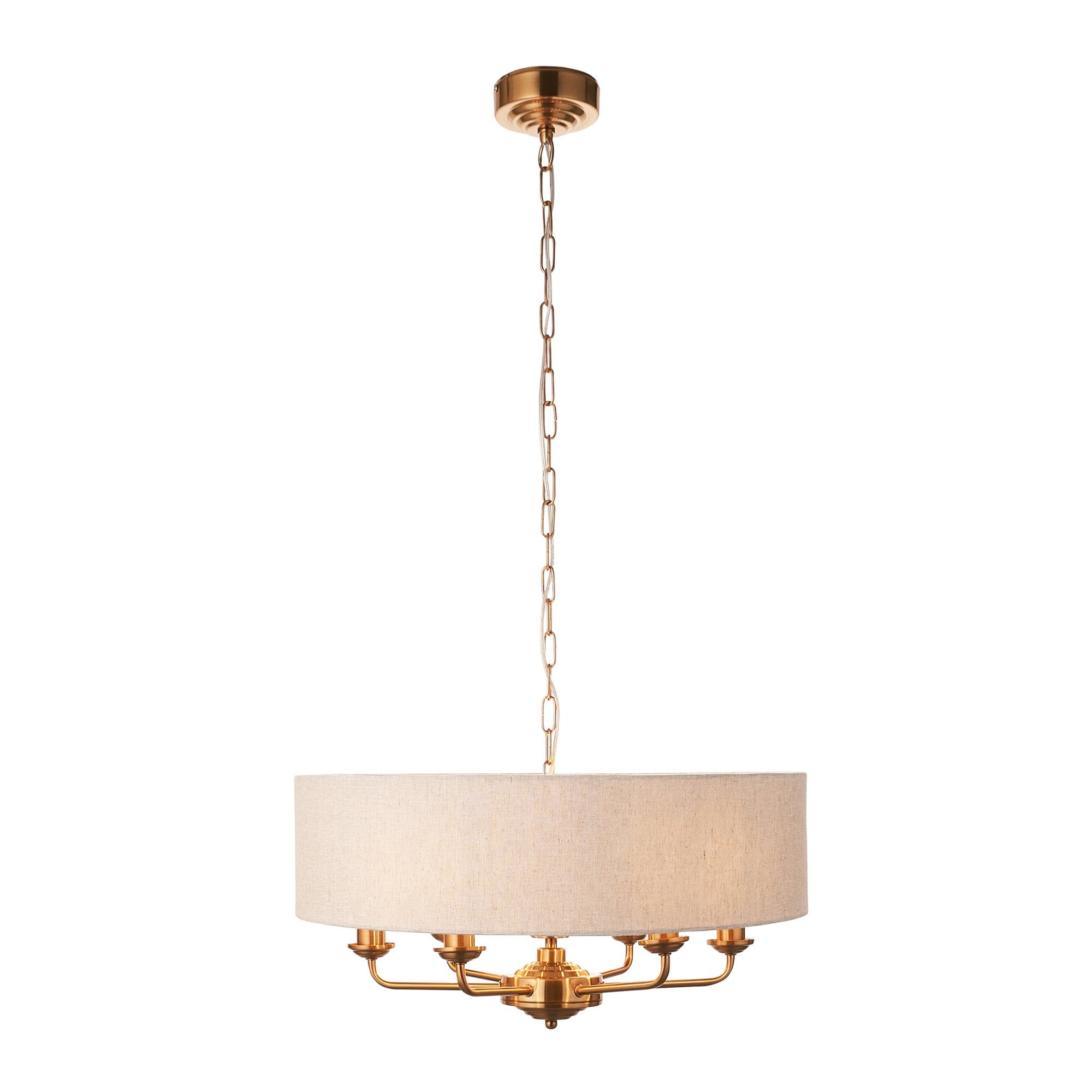 110722 Highclere 6 Light Pendant Vintage Brass & Natural Linen Shade