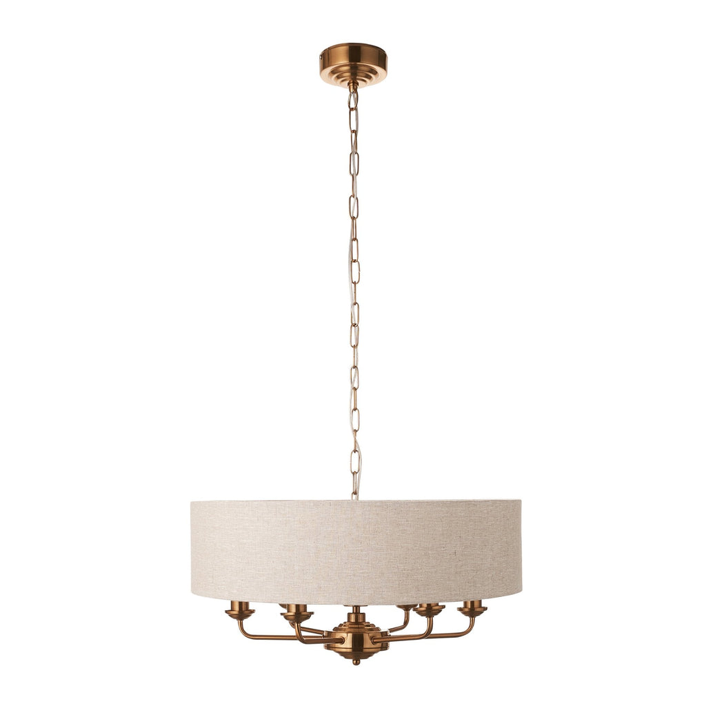 110722 Highclere 6 Light Pendant Vintage Brass & Natural Linen Shade