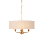 110723 Highclere 3 Light Pendant Vintage Brass & Natural Linen Shade