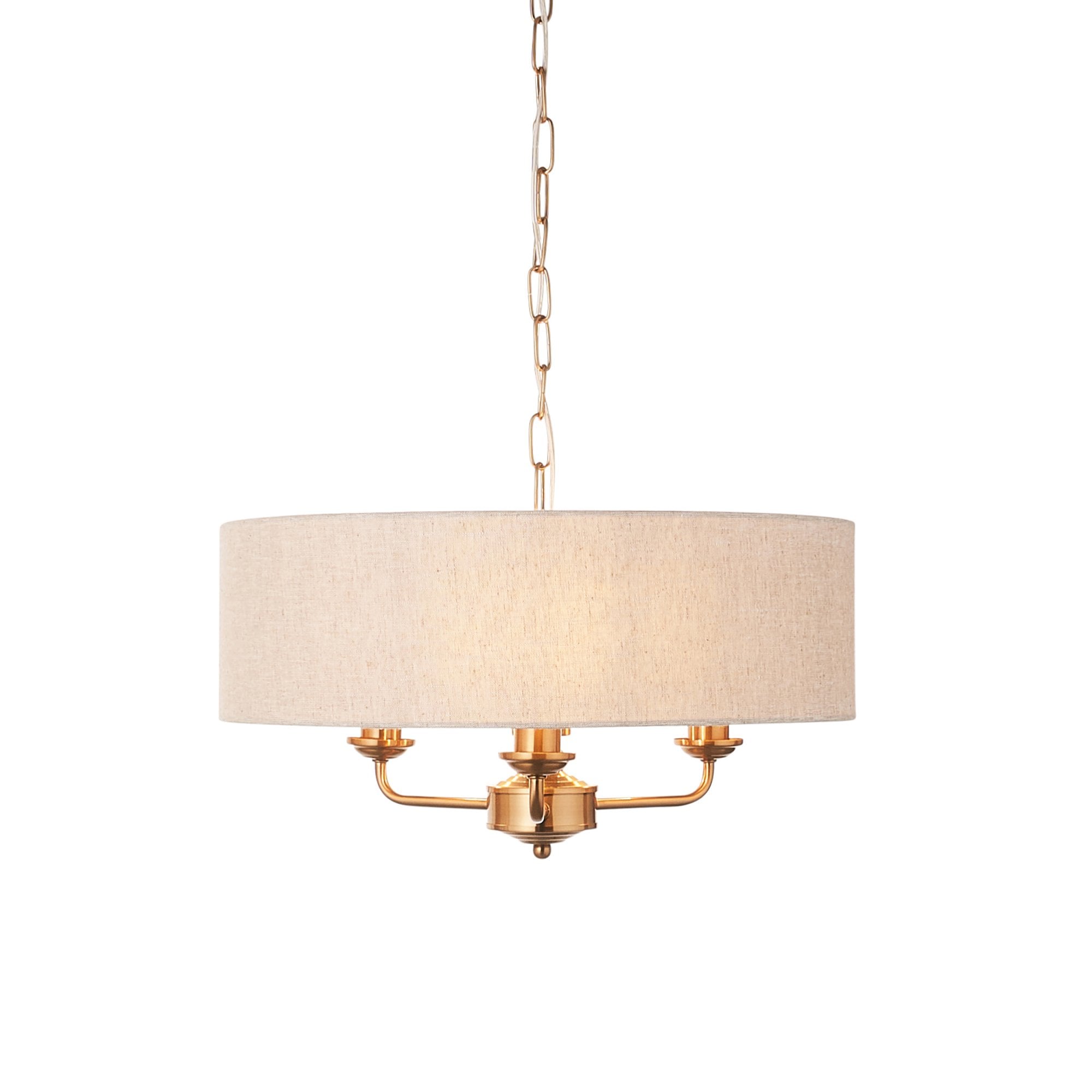 110723 Highclere 3 Light Pendant Vintage Brass & Natural Linen Shade