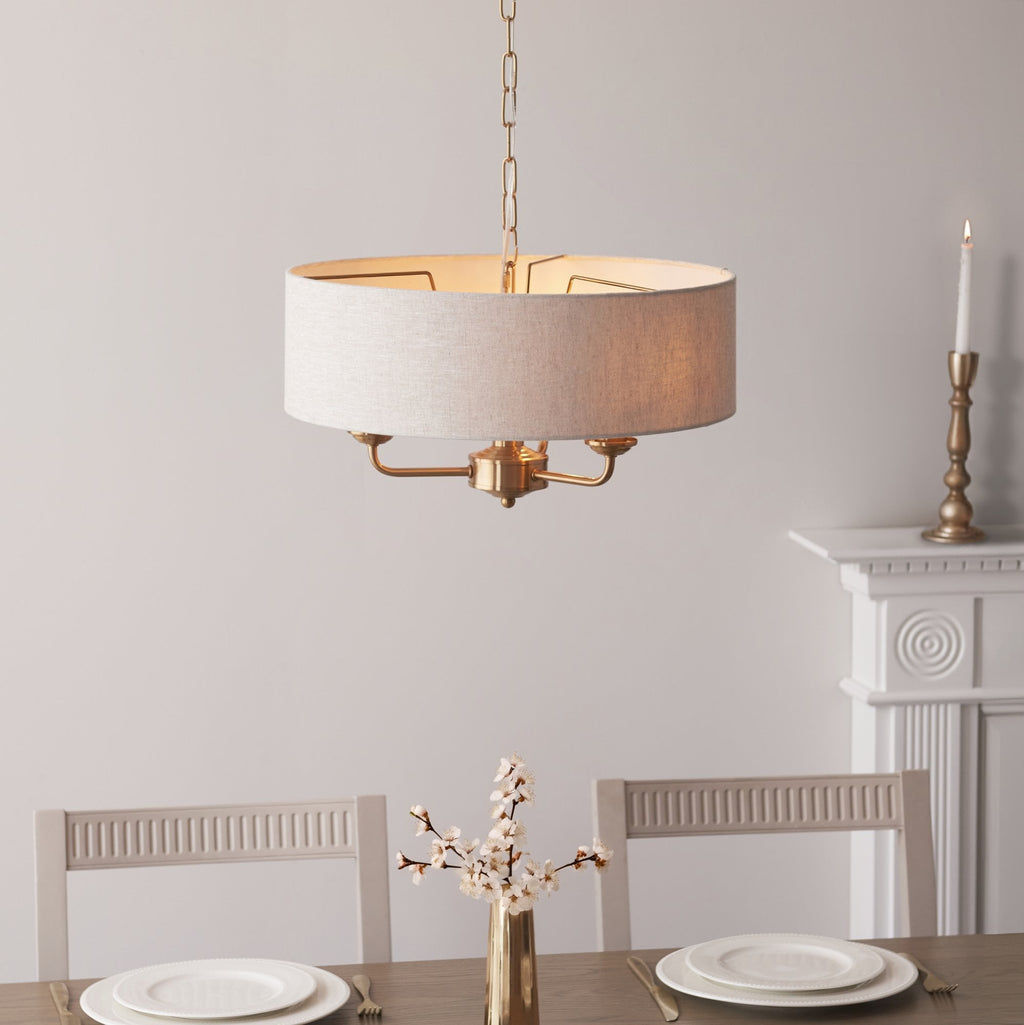 110723 Highclere 3 Light Pendant Vintage Brass & Natural Linen Shade