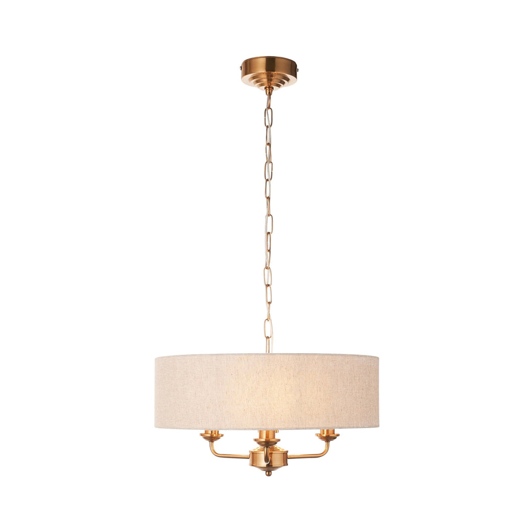 110723 Highclere 3 Light Pendant Vintage Brass & Natural Linen Shade