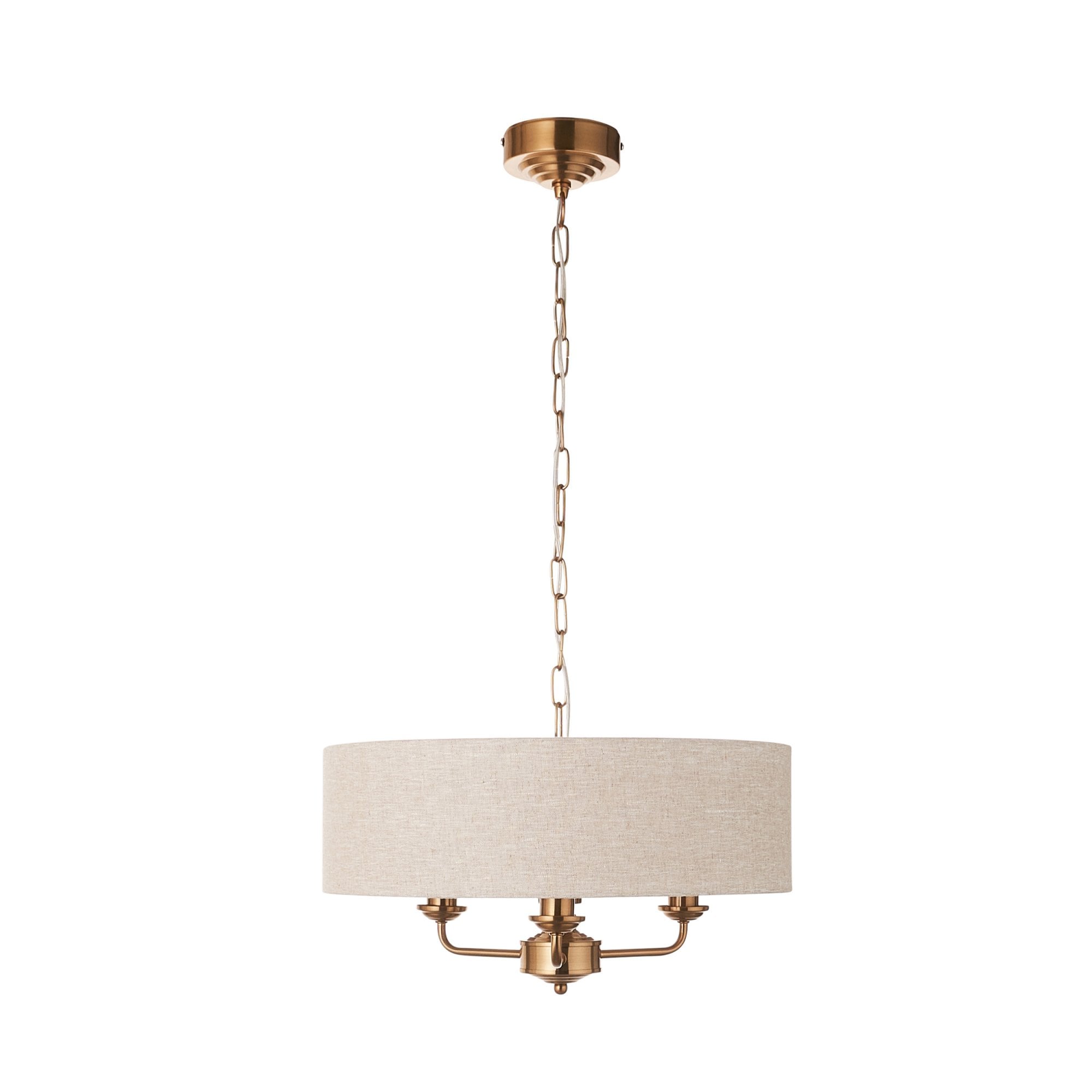 110723 Highclere 3 Light Pendant Vintage Brass & Natural Linen Shade