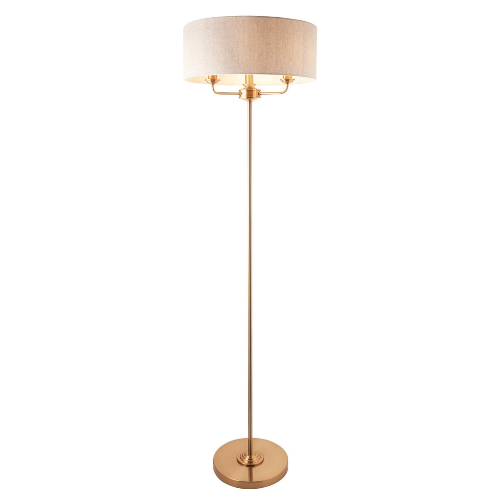 110724 Highclere 3 Light Floor Lamp Vintage Brass & Natural Linen Shade