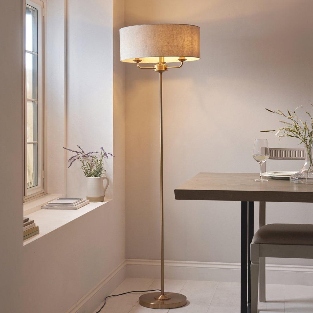 110724 Highclere 3 Light Floor Lamp Vintage Brass & Natural Linen Shade