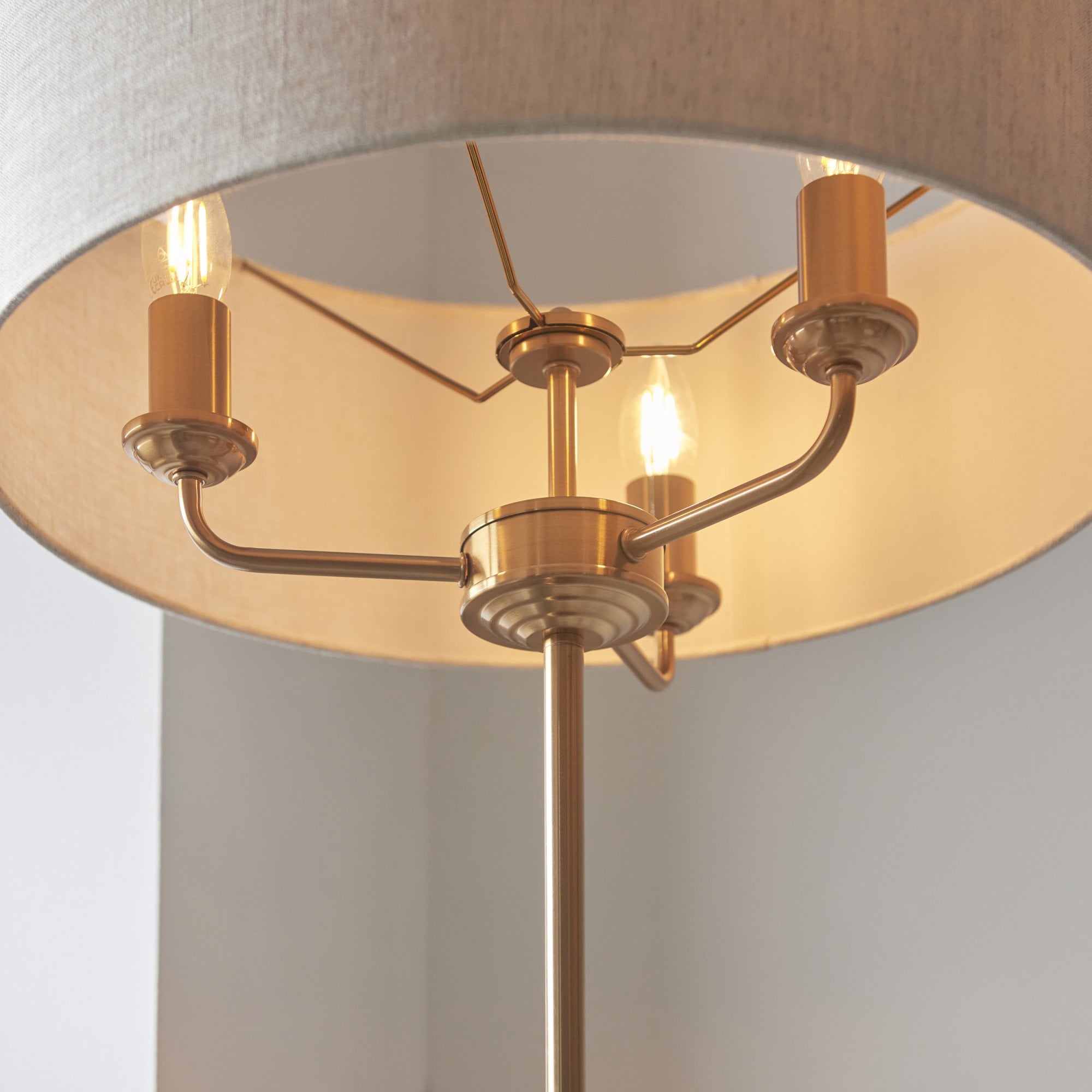 110724 Highclere 3 Light Floor Lamp Vintage Brass & Natural Linen Shade