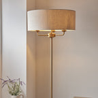 110724 Highclere 3 Light Floor Lamp Vintage Brass & Natural Linen Shade