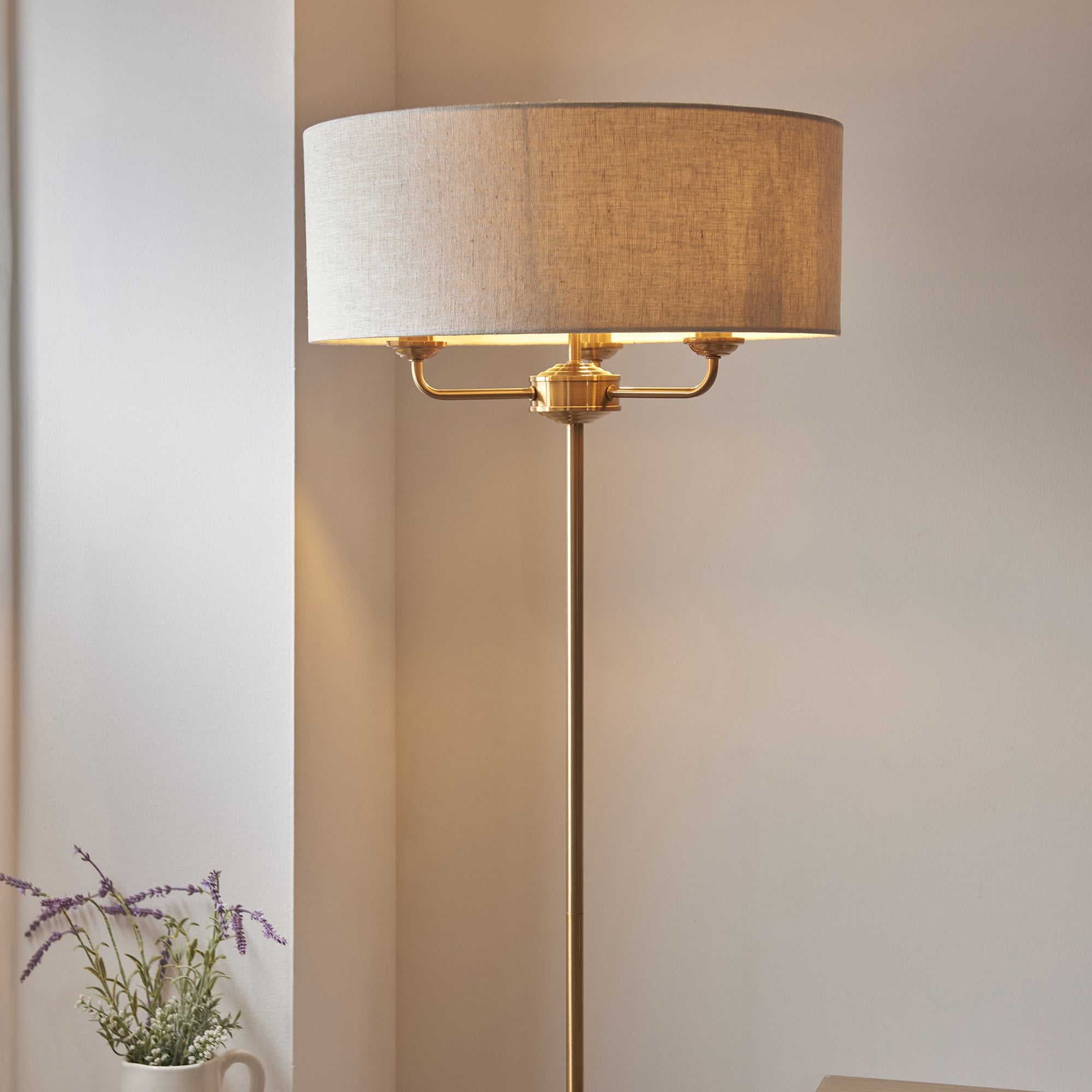 110724 Highclere 3 Light Floor Lamp Vintage Brass & Natural Linen Shade