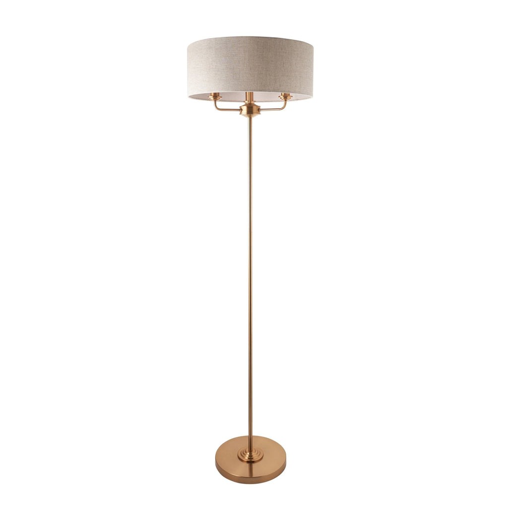 110724 Highclere 3 Light Floor Lamp Vintage Brass & Natural Linen Shade