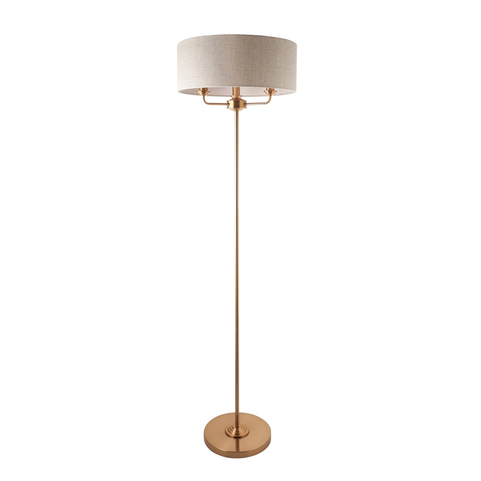 110724 Highclere 3 Light Floor Lamp Vintage Brass & Natural Linen Shade