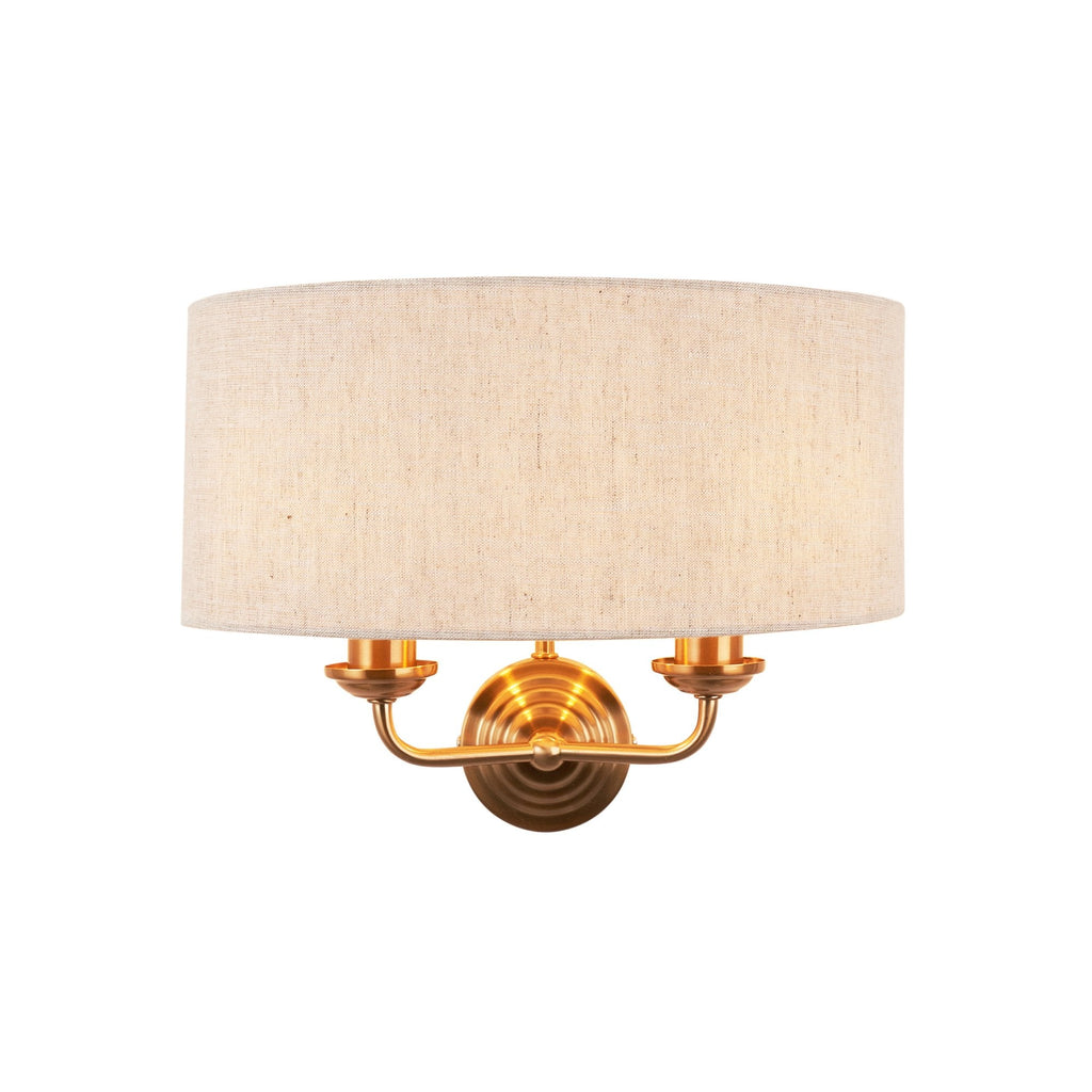 110726 Highclere 2 Light Wall Light Vintage Brass & Natural Linen Shade