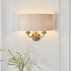 110726 Highclere 2 Light Wall Light Vintage Brass & Natural Linen Shade