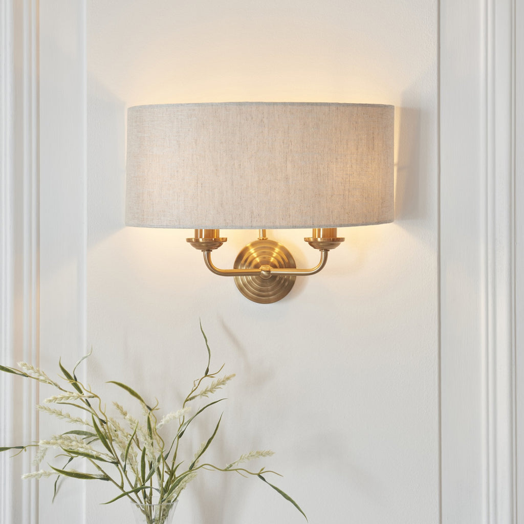 110726 Highclere 2 Light Wall Light Vintage Brass & Natural Linen Shade (S)