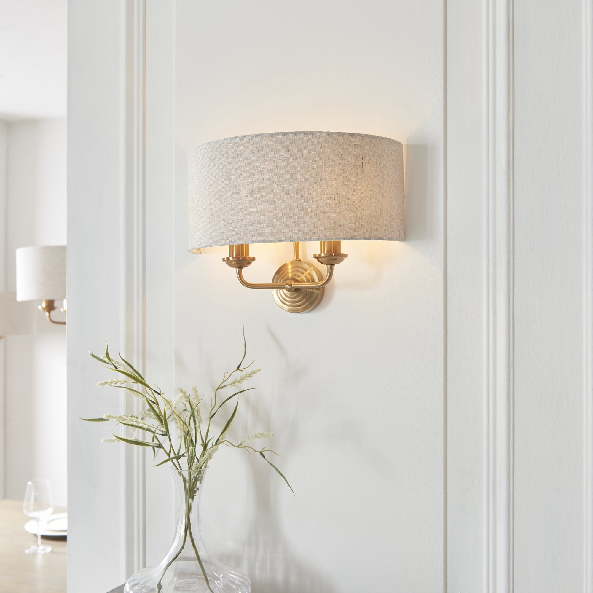 110726 Highclere 2 Light Wall Light Vintage Brass & Natural Linen Shade (S)