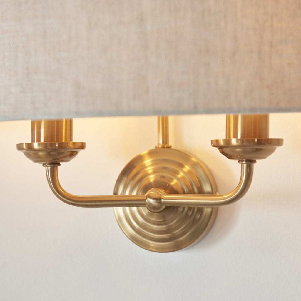 110726 Highclere 2 Light Wall Light Vintage Brass & Natural Linen Shade (S)