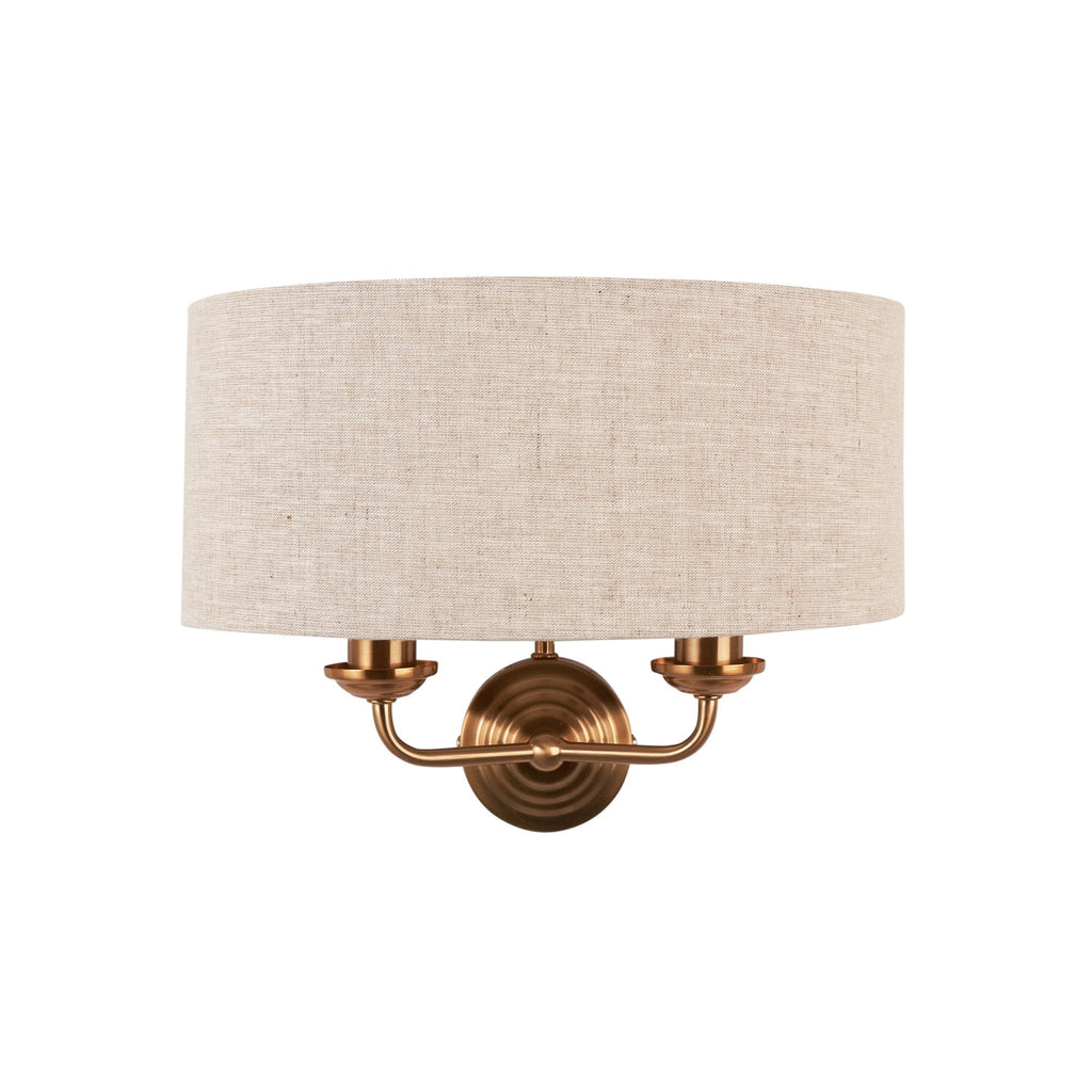110726 Highclere 2 Light Wall Light Vintage Brass & Natural Linen Shade (S)