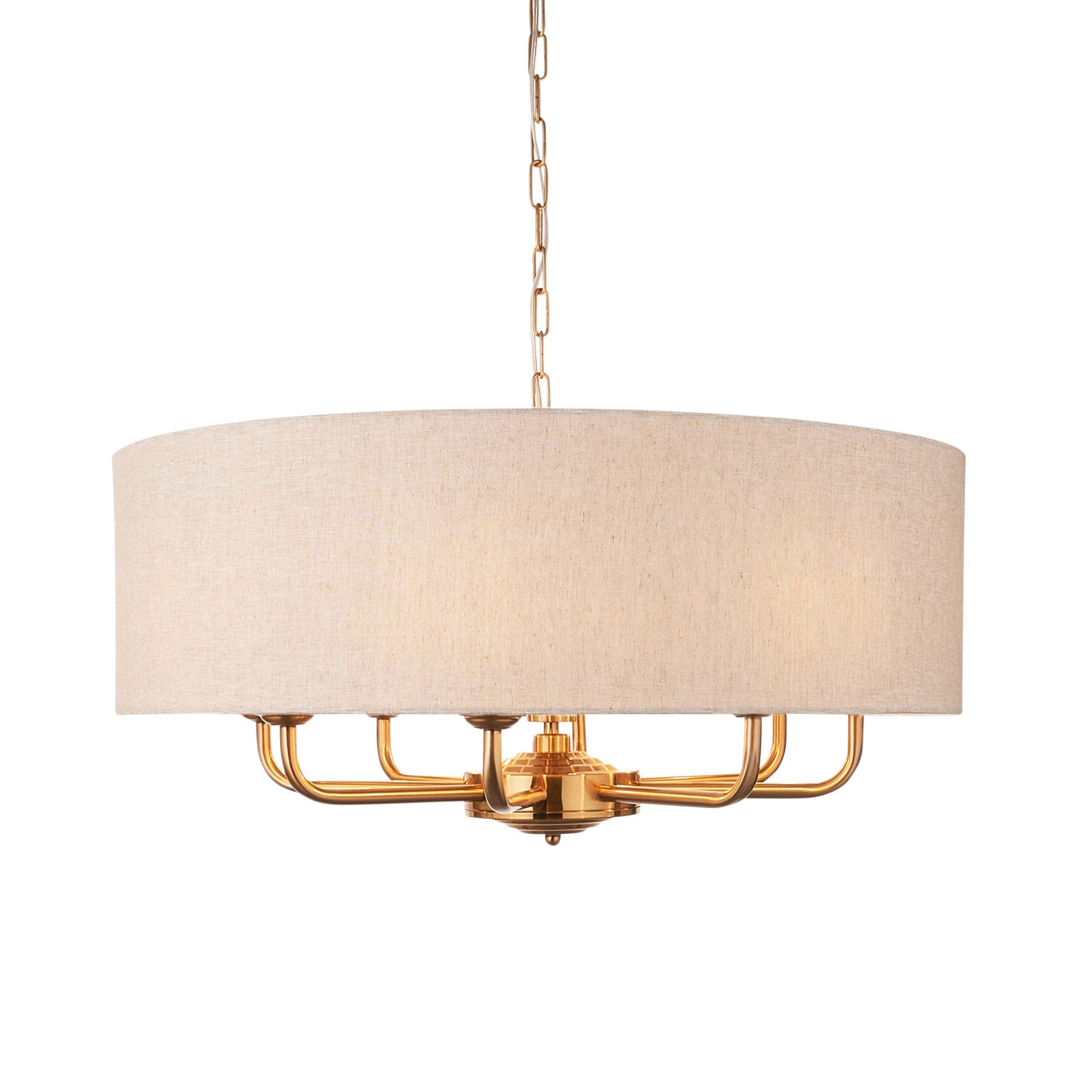 110727 Highclere 8 Light Pendant Vintage Brass & Natural Linen Shade