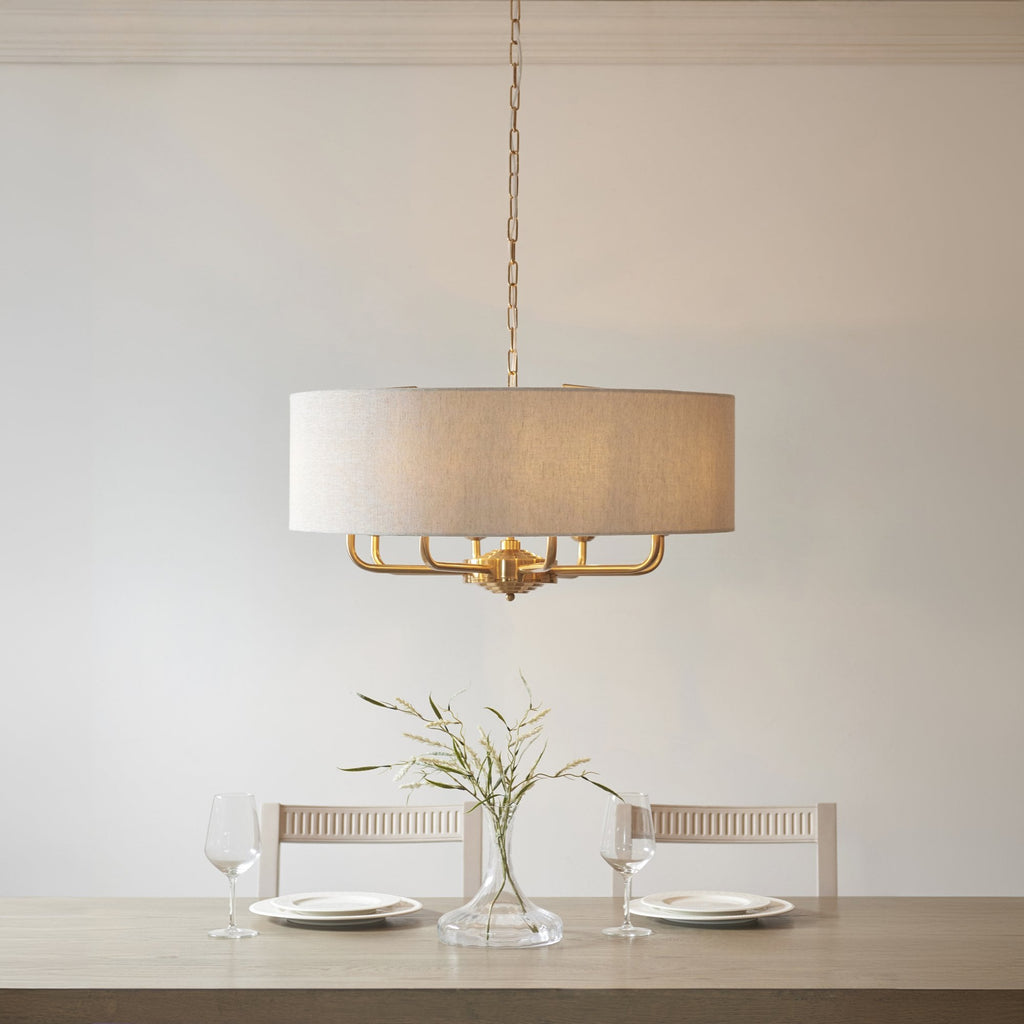 110727 Highclere 8 Light Pendant Vintage Brass & Natural Linen Shade