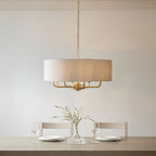 110727 Highclere 8 Light Pendant Vintage Brass & Natural Linen Shade